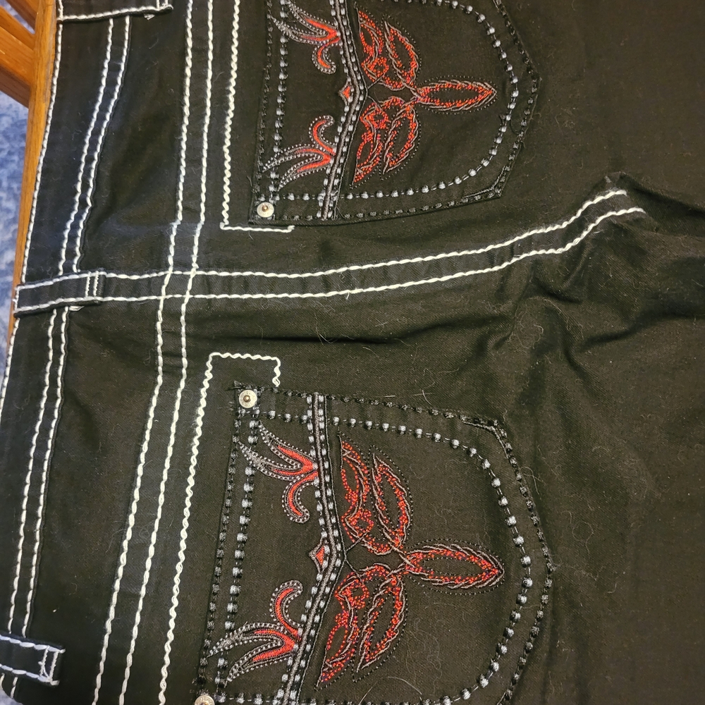 Elegant Black Jeans with Red Embroidery